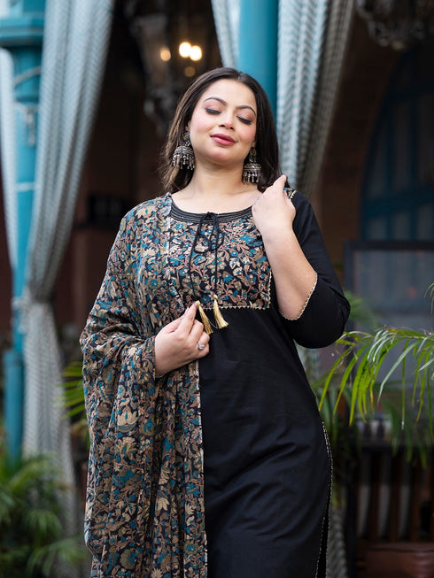 Women Plus Size Black Pure Cotton Kurta Set With Dupatta